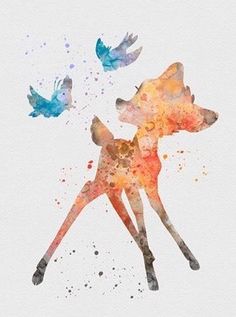 a watercolor painting of a deer with two birds on its back and one bird in the air