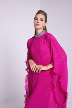 Nour Fathallah NA102: Elegant Kaftan Dress - Designer Attire Elegant Abaya With Cape Sleeves For Evening, Elegant Evening Abaya With Cape Sleeves, Elegant Evening Chiffon Abaya, Eid Evening Georgette Abaya, Eid Evening Abaya In Georgette, Evening Georgette Abaya For Eid, Elegant Long Sleeve Georgette Abaya, Elegant Georgette Maxi Abaya, Elegant Festive Georgette Abaya