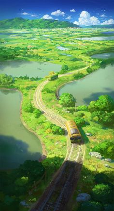 a train traveling through a lush green countryside next to a body of water with mountains in the background