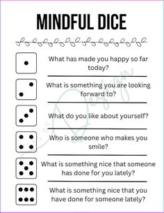 Introduce mindfulness and gratitude to your classroom with this interactive and uplifting mindfulness classroom printout game. Perfect for Back to School, this mindful activity serves as an ice breaker, fostering a positive and calm learning environment for students. Designed to promote self-awareness and appreciation, this educational game combines fun with mindfulness, creating a memorable and engaging experience for classmates. Customize the game to suit your teaching style and easily incorporate it into your classroom resources. Download our printable dice game for a delightful mindfulness activity that will enhance well-being and mindfulness skills among students. Staff Mindfulness Activities, Fun Mindfulness Activities For Adults, Gratitude Ice Breaker, Group Counseling Activities Icebreakers Adults, Dice Therapy Game, Outdoor Activities For Kids At School, Wise Mind Activities, Activities For Adults Group, Ice Breaker Activities For Kids