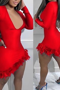 V-neck Mini Dress For Club In Winter, Red V-neck Bodycon Dress For Party Season, Red V-neck Mini Dress For Club, Solid Midi Dress, Mini Dress Fashion, Feather Trim, Custom Size Dresses, Multi Dress, Royal Blue Dresses