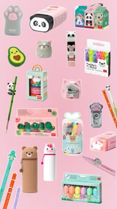 the contents of an assortment of stationery items on a pink background