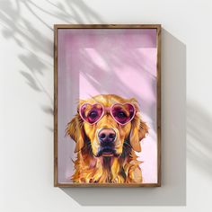 a painting of a golden retriever wearing pink sunglasses on a white wall behind a wooden frame