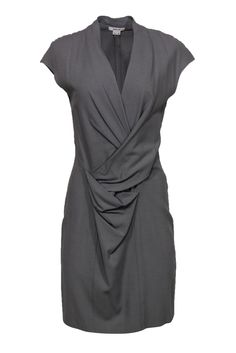 Current Boutique-Helmut Lang - Taupe Gathered Front Sheath Dress Sz 10 Neutral Style, Statement Dress, Plunge Neckline, Neutral Fashion, Neck Wrap, Helmut Lang, Front Design, Plunging Neckline, Neck Designs