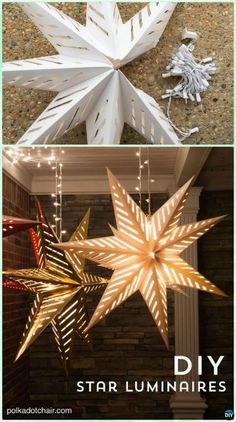 two pictures with some lights hanging from them and one is made out of paper stars