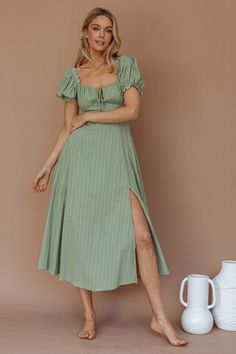 Shop the Chablis Gathered Bust Puff Sleeve Midi Dress Sage | Selfie Leslie Sage Midi Dress, Tan Mules, Selfie Leslie, Dress Sage, Puff Sleeve Midi Dress, Happy Hours, Clothing Tags, Iron Material, Sleeve Midi Dress