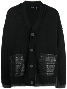 black knitted construction embroidered motif inside-out effect seams plunging V-neck front button fastening long sleeves two patch pockets straight hem Designer V-neck Cardigan With Button Closure, Designer Black Cardigan With Button Closure, Designer Black Wool Cardigan, Designer Long Sleeve Jacquard Knit Cardigan, Designer V-neck Fall Outerwear, Designer Black Long Sleeve Cardigan, Cardigan Black, Knitwear Men, Knitted Cardigan