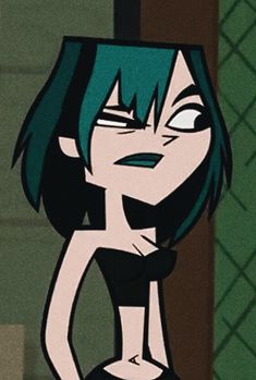 an animated girl with green hair and black dress, standing in front of a wall