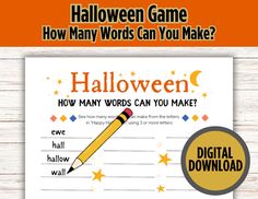 halloween word search game with a pencil and stars on the page, which reads how many words can you make?