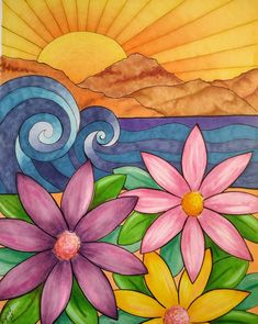 a painting of flowers with the sun setting in the background and waves coming up behind them