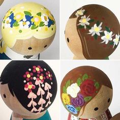 four different pictures of wooden dolls with flowers painted on their faces and hair in the shape of people's heads