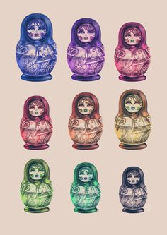 an art print with different colored dolls on it