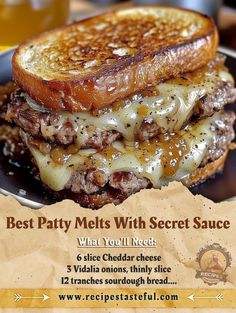 a cheeseburger on a plate with the words best patty melts with secret sauce