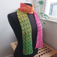 Made with Hobbii Twister in the colour Cactus Flower. It's 55% cotton and 45% acrylic. Hand washing is recommended. These skinny scarves are super cute. They won't keep you warm but will add a splash of colour to your outfit. Casual Multicolor Scarves, Casual Multicolor Crochet Scarves, Casual Green Cotton Scarves, Green Casual Scarves One Size, Casual Green Scarves One Size, Casual Green Scarf, Spring Green Cotton Scarves, Green Cotton Scarves For Spring, Casual Multicolor Cotton Scarves