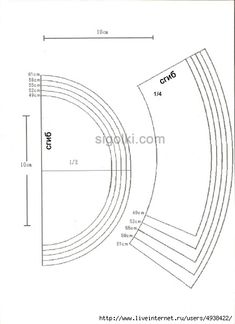 an architectural drawing showing the top half of a curved building, with measurements for each section