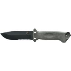 a knife with a black handle on a white background