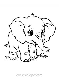 an elephant with big eyes is standing in the grass coloring pages for kids, printable