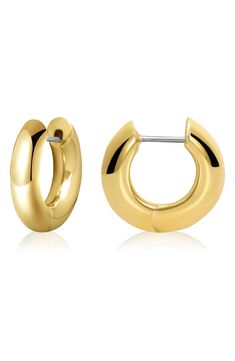 Easy-to-wear hoop earrings will add significant polish to even your most casual ensembles. 1/2" drop Hinge with snap-post closure Goldtone plate Imported Modern Huggie Hoop Earrings Clip-on, Modern Clip-on Hoop Huggie Earrings, Everyday Hoop Earrings With Hinged Closure, Clip-on Metal Huggie Earrings, Everyday Clip-on Hoop Huggie Earrings, Small Hoop Plug Earrings, Hinged Hoop Huggie Earrings, Metal Round Huggie Earrings, Single Round Metal Huggie Earring