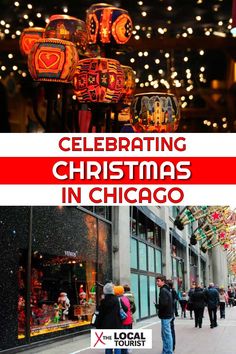 people walking down the street in chicago with christmas lights hanging from the ceiling and an advertisement for