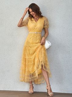 Lace Bright Yellow V Neck Elegant Dresses, Ruffle Hem Short Sleeve Maxi Dresses, Women's Clothing Yellow V-neck Dress With Ruffle Hem, V-neck Yellow Dress With Ruffle Hem, Short Sleeve Maxi Dresses, Maxi Dress With Sleeves, Womens Maxi Dresses, Bright Yellow, Ruffle Dress, Ruffle Hem, Maxi Dresses