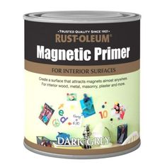 a can of paint that is white and has black lettering on the side, it says rust - oleum magnetic primer for interior surfaces