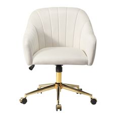 a white office chair with gold wheels and casteors