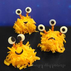 some yellow noodles with googly eyes on them