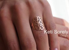 "Personalize this beautiful script monogram ring with your name initials and it will be handcrafted just for you! Perfect for wedding gift, bridesmaids, mother's day, birthday or anniversary. Handmade, one of a kind ring! Monogram measures 0.8\" in height. Available Metals: - 14K Rose Gold Filled - 14K Yellow Gold Filled - 10K Gold (Yellow, Rose or White) - 14K Gold (Yellow, Rose or White) - 18K Gold (Yellow, Rose or White) Sizes: 5 to 11 band size - 1.5mm wide --------NOTE---------------- Tradi Script Monogram, Monogram Ring, Name Initials, Gold Monogram, Gift For Woman, Pompano Beach, Initial Ring, Personalized Initials, Monogram Initials