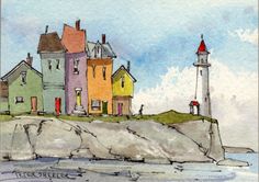 watercolor painting of houses by the ocean with a light house on top in the background