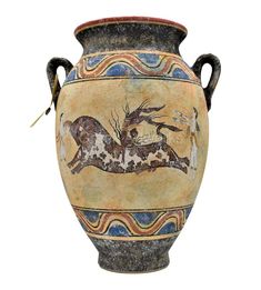 an old vase with animals painted on it's sides and two antelope