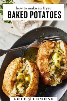 two baked potatoes on a plate with the words how to make air fryer baked potatoes