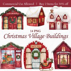 christmas village buildings are shown in watercolor and ink with the words, commercial use allowed buy 2 items for 30 % off