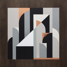 an abstract painting with black, white and orange shapes