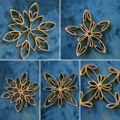 four pictures of different shapes and sizes of paper flowers on a blue background, each with one cut out in the shape of a flower