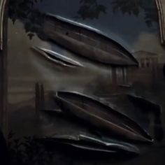 there are many canoes on display in this painting