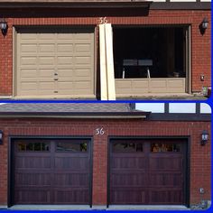 two garage doors are shown side by side