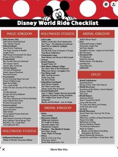 the disney world ride checklist is shown in red and white with polka dots on it