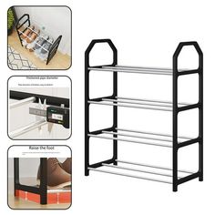 four tiered shoe rack with magazine holders on the bottom and two shelves below it