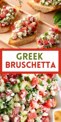 greek bruschetta with tomatoes, cucumber and feta cheese on top