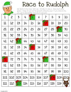 a printable race to rudolphh game with numbers and christmas presentes on it