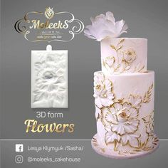 a three tiered cake with flowers on it's side and an ad for maker's