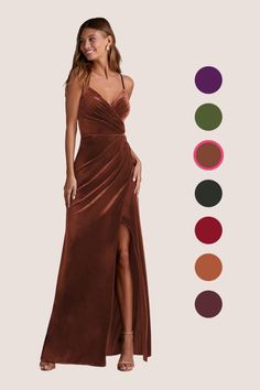 a woman in a brown dress with different colors