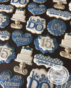 blue and white decorated cookies with the words we still do written on them are displayed