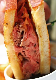 a close up of a sandwich in a bowl