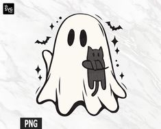 a ghost hugging a black cat on top of it's back in front of a white background