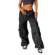 PRICES MAY VARY. Perfect womens pants for aesthetic. Ligthweight fabric: 100% Polyester. Breatheable, light and pleasant material. Stretchy Waistband: You can adjust waistband to adjust the size of our pants Service: Let us know if you have any question and we will try our best to serve you within 24 hours. Women Cargo Pants, Cargo Pants Women Baggy, Pants Y2k, Baggy Pants Women, Y2k Cargo Pants, Sweatpants Streetwear, Gothic Pants, Summer Pants Women, Y2k Women