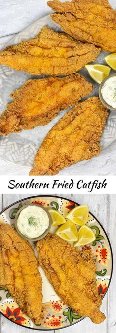 fried fish is served on a plate with lemon wedges and ranch dressing for dipping