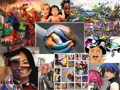 a collage of people with different colored hair and body art on their faces,