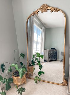 a large mirror sitting on top of a white floor next to a potted plant