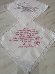 Embroidered Hanky. It ideal gift to the Mother of the Bride, Groom. Lace handkerchiefs can be personalized with a name, initials, or poem.  Bride to be handkerchief will make any hen party more special. Wedding gift for parents of the bride or groom. Just send us your message you wish to be embroidered to create your unique gift. Come with a suitable package. QUALITY MATERIAL&HEM❀ Size: 10x10"/25x25cm; Excellently crafted from 100% premium 60S COTTON which makes hankies softer, more durable, and White Handkerchiefs With Custom Embroidery For Gift, White Embroidered Handkerchiefs For Bridesmaid Gift, Embroidered Hanky, Wedding Hankerchief For Bride Embroidery, Bride Handkerchief, White Embroidered Text Handkerchief Wedding Gift, Embroidered Hankies, Bridal Handkerchief, Personalized Handkerchief Wedding